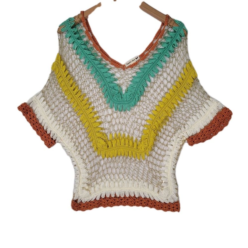 DOUBLE ZERO VINTAGE CROCHET BOHO TOP WOMENS SMALL COLORBLOCK KNIT FESTIVAL